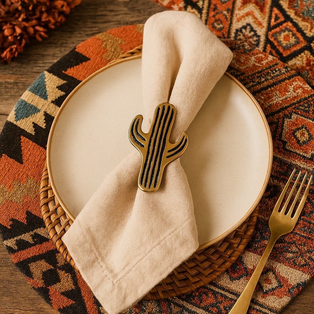 Vintage Brass Cactus Napkin Rings Southwest Desert Decor Boho Western Style